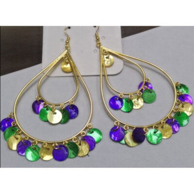 Double Oval Dangle Earrings, Mardi Gras, 6.5"