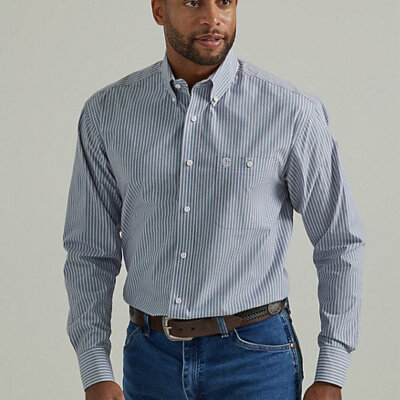 Men's Wrangler Long Sleeve Shirt in Steel Blue Stripe