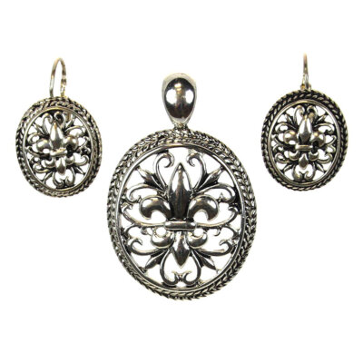 Filigree Fleur De Lis Pendant & Earrings