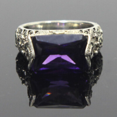Sterling Silver Amethyst CZ Rectangle Ring Size 8