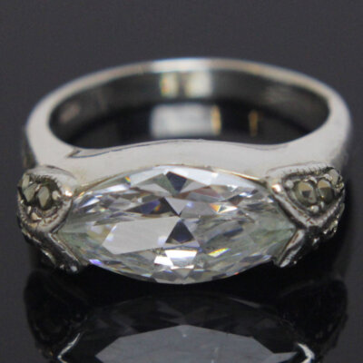 Sterling Silver Diamond CZ Marcasite Ring Size 8