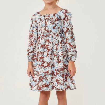 Brown Botanical Print Square Neck Dress