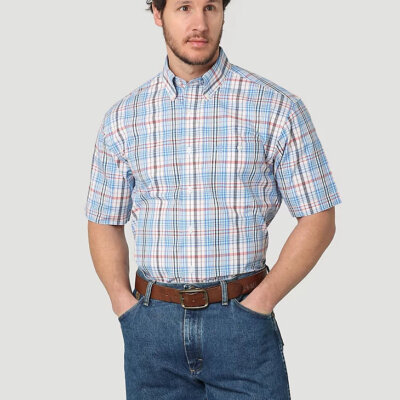 Men's George Strait Short Sleeve 1 Pocket Button Down Plaid Shirt in Blue Contrast