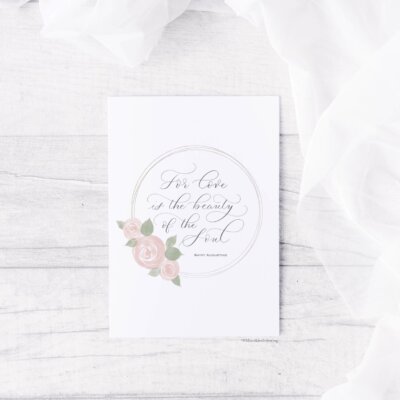 For Love Note Card For Love notecards staged on white background with white tulle in the corner. Artwork features a watercolor wreath with "For love is the beauty of the soul" Saint Augustine in calligraphy