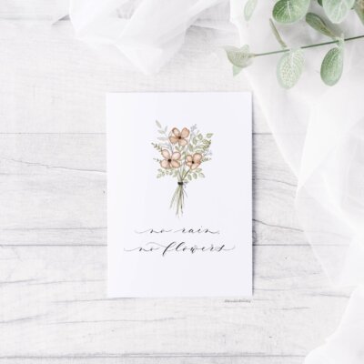 No Rain No Flowers Note Card Staged "No rain, no flowers" greeting card staged on distressed wood background with eucalyptus and tulle.