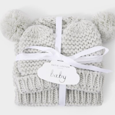 Grey Knitted Hat & Mittens Set