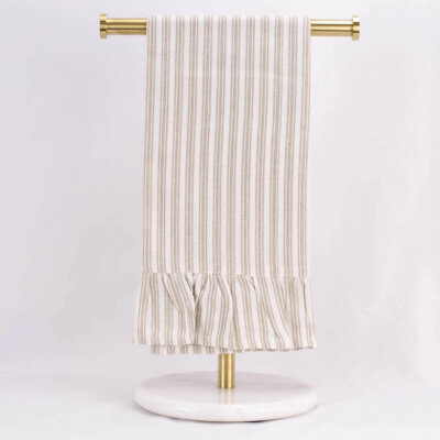 Ticking Stripe Ruffled Hand Towel - Taupe & White