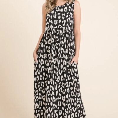BOMBOM Leopard Maxi Dress with Pockets