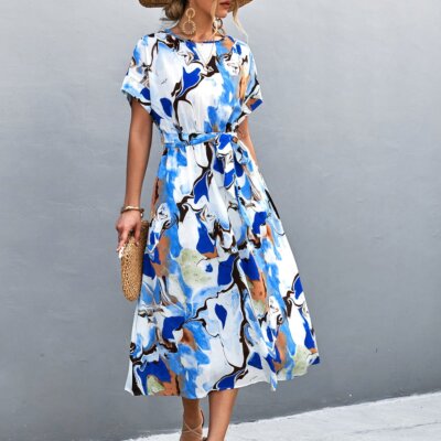Round Neck Short Sleeve Tie Waist Midi Dress