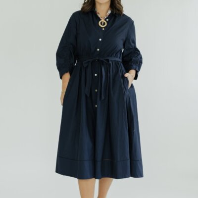 Alix Navy Detailed Button Down Midi Dress