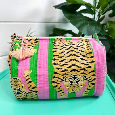 Green/Pink Tigers Handmade quilted Cosmetic Toiletry Bag