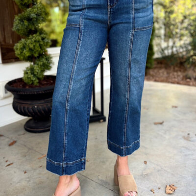 Risen Dark High Rise Crop Straight Front Seam Detail Jeans