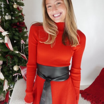 Scarlet Ribbed Mock Neck Sweater Dress - Red