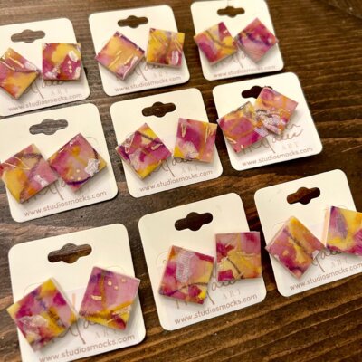 Handmade Watercolor Earrings by Marci Malec, yellow and purples