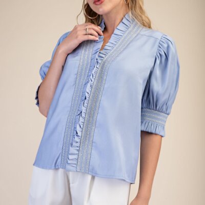 Ruffle V-Neck Smocked Blouse-Blue