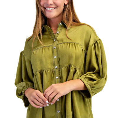 Satin Button Up Babydoll Blouse- Olive