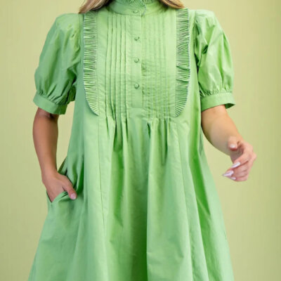 Pintuck and Ruffle Dress- Green