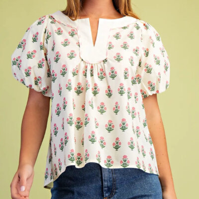Floral Printed Pleated Blouse- Cream/Pink