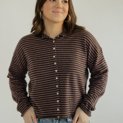 Brown & Navy Striped Mock Neck Sweater