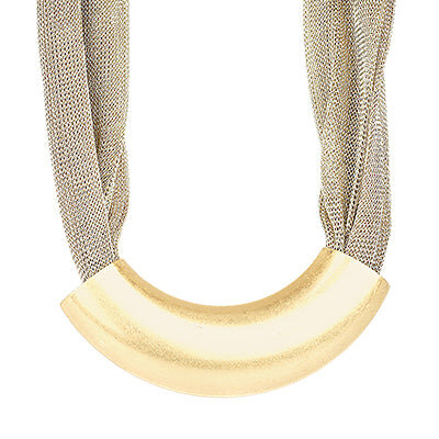 Curved Metal Tube & Mesh Necklace-Gold